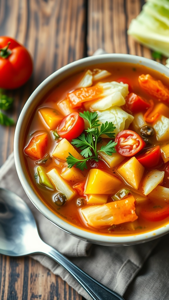 A bowl of cabbage fat burning soup with cabbage, tomatoes, and bell peppers, garnished with parsley, on a rustic table.